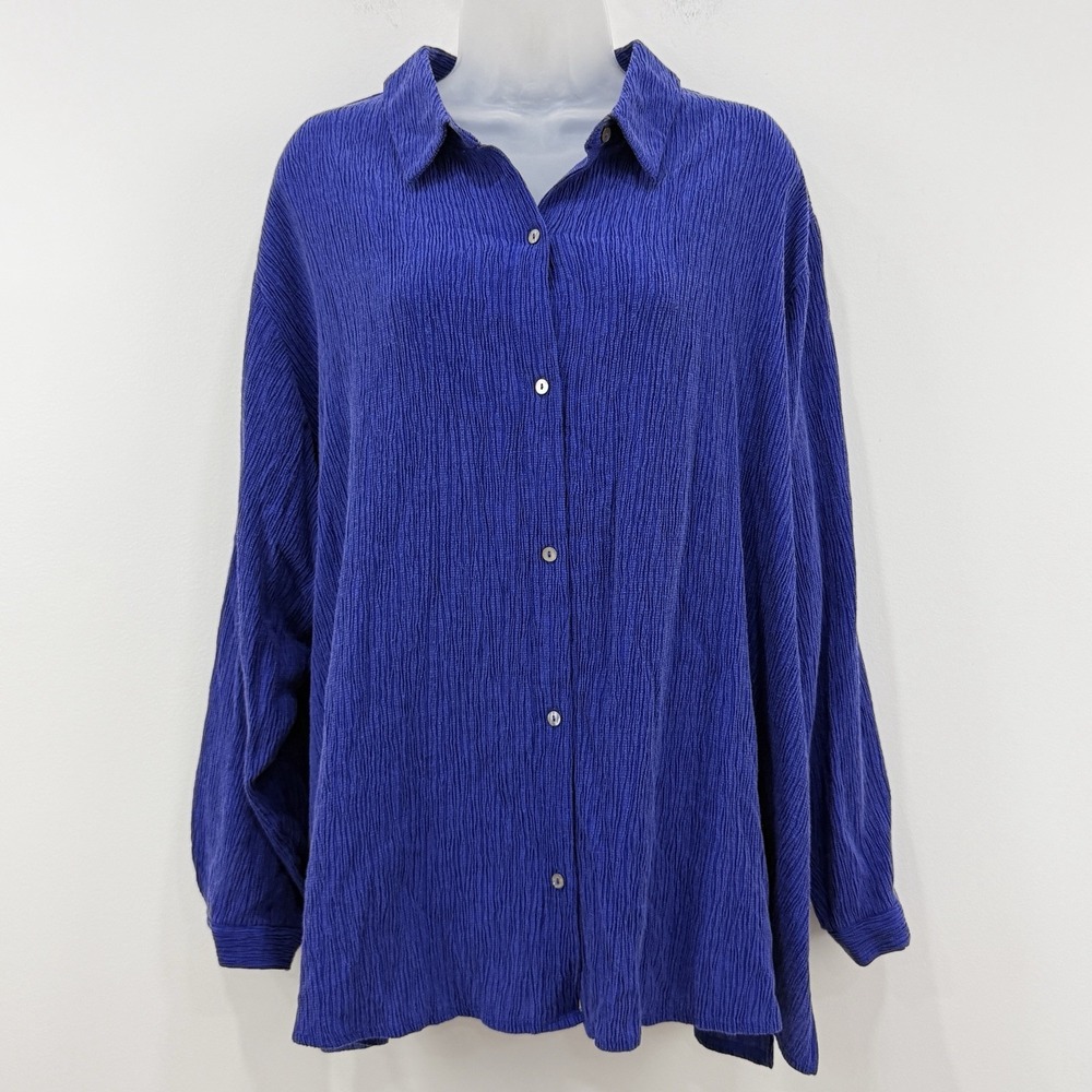 Eileen Fisher Woven Plisse Classic Collar Shirt 3X Loose Capsule Tencel Stretch